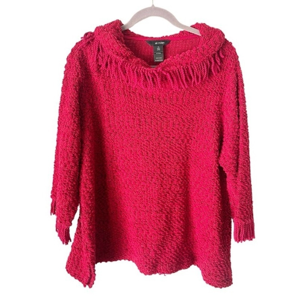 Ali Miles Red Popcorn Knit Chenille Fringe Cowl Neck Sweater Size XL Cozy Career